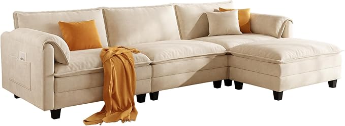 107 L Shaped Modular Sectional Cloud Couch with Pillow Deep Seat Sofa Couches for Living Room 4-Seat Modern Sofa with Movable Ottoman Comfortable Living Room Couch (Beige 107 Inch-L)