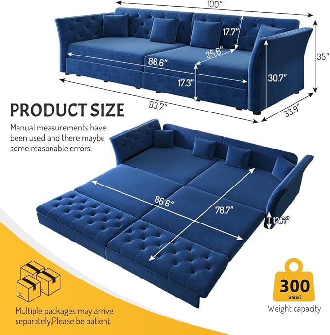 extrasleep 100'' Velvet Pull Out Sofa Bed Oversized King Sleeper Sofa with Handcrafted Floral Tufted Design 3-in-1 Convertible Sleeper Couch Tufted Deep Seat Couch for Living Room Apartment Blue