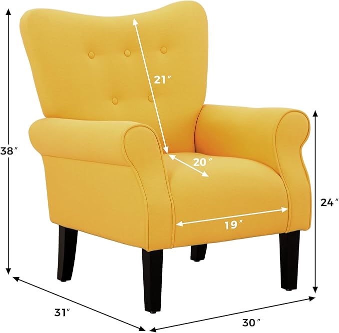 MELLCOM Mid Century Wingback Arm ChairModern Upholstered Fabric High Back Accent Chair with Wood LegsUpholstered Single Sofa Club Chair for Living Room Bedroom Home Office Yellow