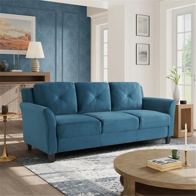 BOWERY HILL Transitional 78.7 W Solid Hardwood Frame Stationary Sofa with Tufted Back Cushions in Blue Premium Fabric Upholstery