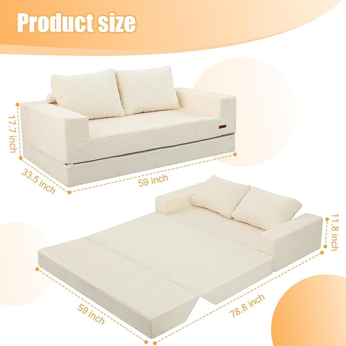 COMAX Convertible Sofa Bed Queen Folding Floor Couch Corduroy Boneless Sofa Pull Out Couch Bed Futon Sleeper with Pillows Fold Out Comfy Lounge Mattress Loveseat for Living Room Bedroom Beige