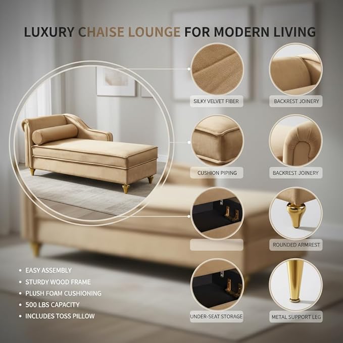 60.6 Modern Storage Chaise Lounge IndoorVelvet Upholstery Sofa Chair with1 Toss PillowsUpholstery Lounge Sofa with Gold Metal Legs for Small ApartmentLiving RoomOfficeReception AreaKhaki