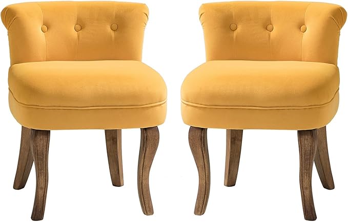 HULALA HOME Velvet Vanity Chairs with Low Back Modern Vanity Stool with Solid Wood Legs Small Upholstered Makeup Chair for Bedroom Living Room Dressing Women Girls Set of 2 Mustard