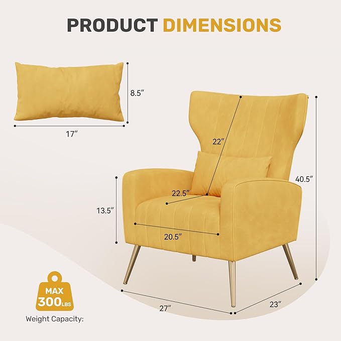 Nalupatio Modern Accent Chairs for Set of 2 Upholstered Velvet Fabric Reading Chair Mid Century Arm Chair Comfy Armchair for Living RoomYellow