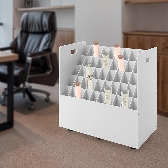 50-Slot Rolling File Organizer with Lockable Wheels - Movable Roll File Cart 66LB Capacity PVC Roll File Storage Holder for Blueprints Drawings &amp Photography Tubes -Easy Assembly 30x15.75x28.5'