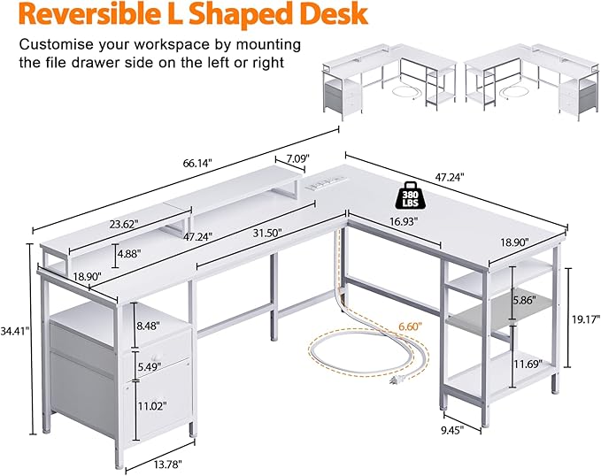 Furologee 66” L Shaped Desk with Power Outlet Reversible Computer Gaming Desk with File Drawer &amp 2 Monitor Stands for Home Office with Storage Shelves White