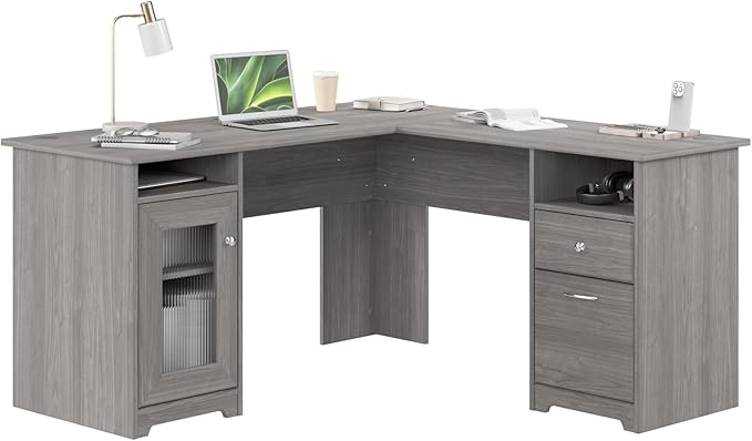 Bush Home Cabot 60W L Shaped Computer Desk with Storage in Modern Gray 60-inch Corner Table with Drawers for Home Office Workspace
