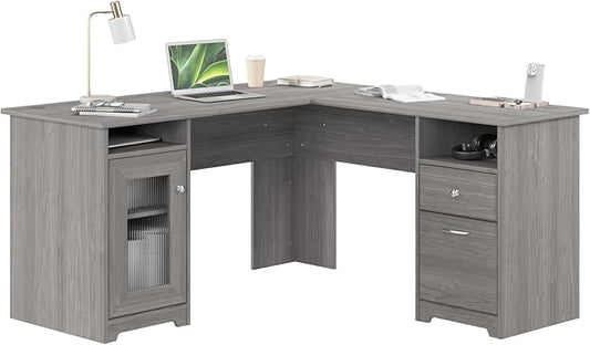Bush Home Cabot 60W L Shaped Computer Desk with Storage in Modern Gray 60-inch Corner Table with Drawers for Home Office Workspace