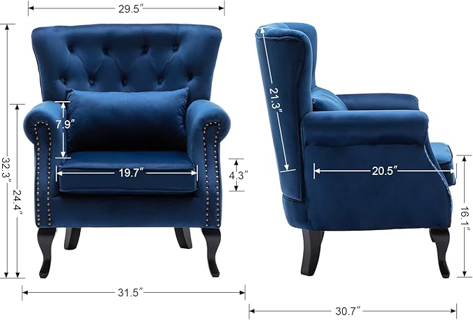 Mid Century Modern Accent Chair Upholstered Armchair Comfy Velvet Fabric Single Sofa with Tufted Wingback for Small Spaces Bedroom Living Room Blue