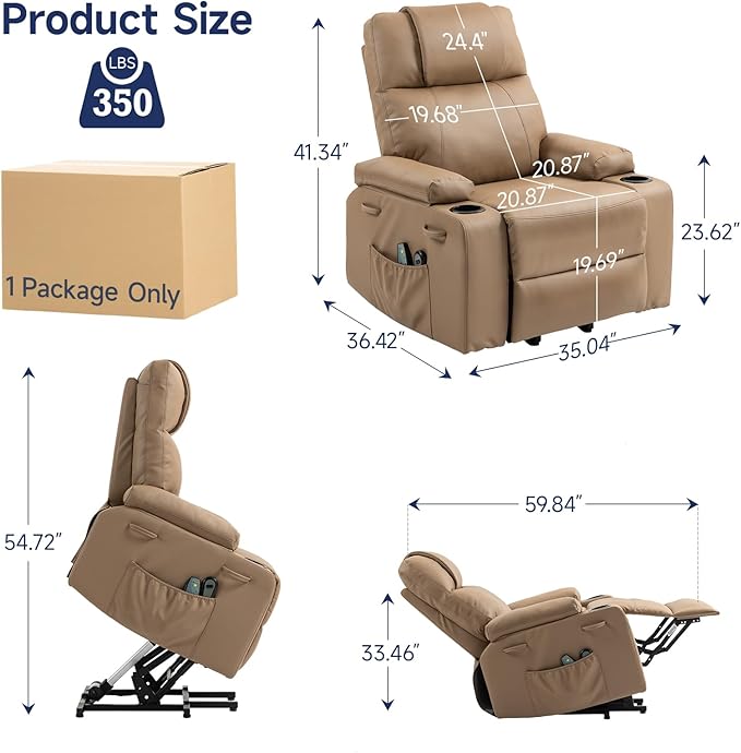 Power Lift Recliner Chair for Elderly with Massage &amp Heat 160° Adjustable PU Leather Electric Recliner with Remote Cup Holders Side Pockets and Stand Assist for Living Room Bedroom (Brown)