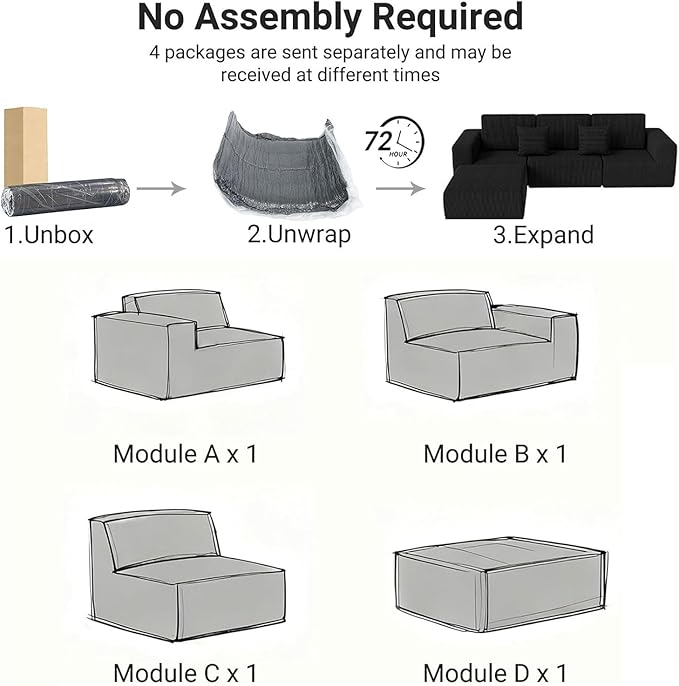 Modern Cloud Sectional Couches for Living Room Convertible L-Shape Boneless Couches with Ottoman 3 Seater Corduroy Modular Sectional Sofa with Pockets No Assembly (Black) | Sectional Couches L-Shap