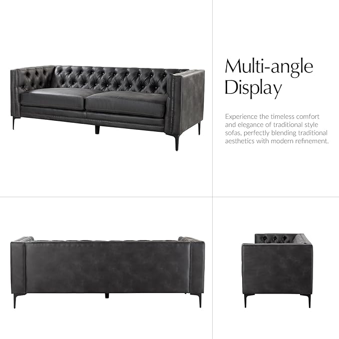 HULALA HOME 84 W Faux Leather Sofa Couch with Metal Legs Button-Tufted 3-Seater Sofa Mid Century Modern Contemporary Upholstered Couch for Living Room Apartment Charcoal