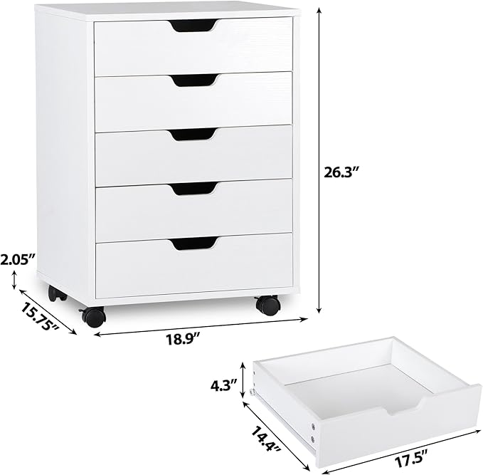 SUPER DEAL 5 Drawer File Cabinet for Home Office Wood Under Desk Filing Cabinet Mobile Printer Stand Rolling Storage Organizer with Lockable Casters for Apartment Small Spaces White