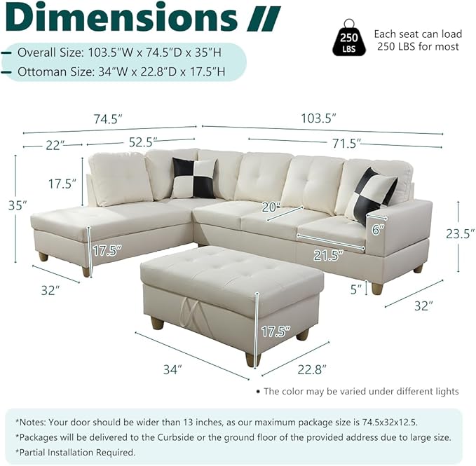 Sectional Sofa Couch with Storage Ottoman Modern L-Shaped Couch Modular Sectional Sofa Set Faux Leather Corner Chaise Lounge for Living Room Apartment Office (Left Chaise Cream White)
