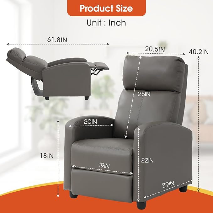Recliner Chair for Living Room Recliner Sofa Wingback Chair Single Sofa Accent Chair Arm Chair Home Theater Seating Modern Reclining Easy LoungeGrey