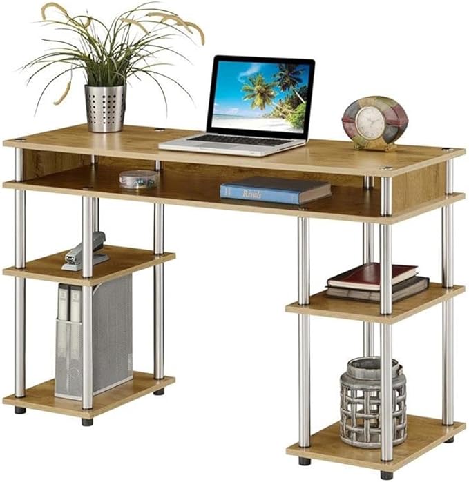 Pemberly Row No Tools Student Desk with Shelves 47.25 x 15.75 x 30 in Light Oak Wood Finish Particleboard Shelves Stainless Steel Legs Modern Home Office or Dorm Desk with Storage