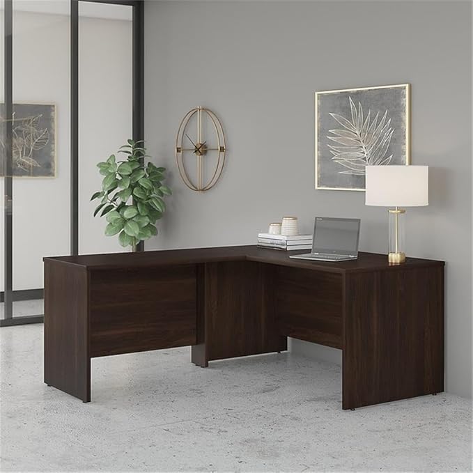 Pemberly Row L Shaped Desk 60W x 42W Engineered Wood Black Walnut Finish Spacious Work Surface Wire Management Durable Home Office Desk for Computers or Multiple Monitors