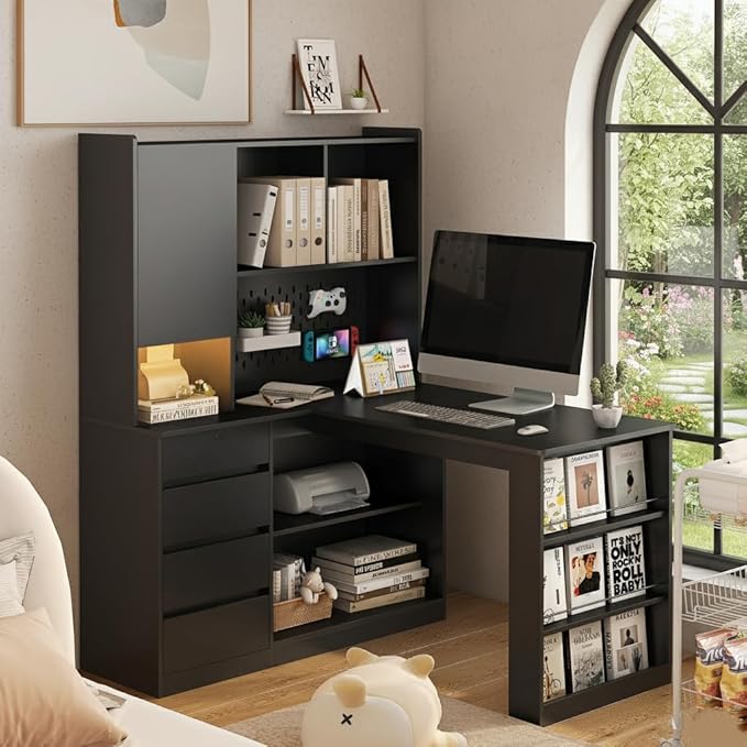 Farmhouse L Shaped Executive Desk with Hutch Wood Home Office Desk with Pegboard Bookshelf &amp Storage Shelves Corner Gaming Desk with LED Light Black