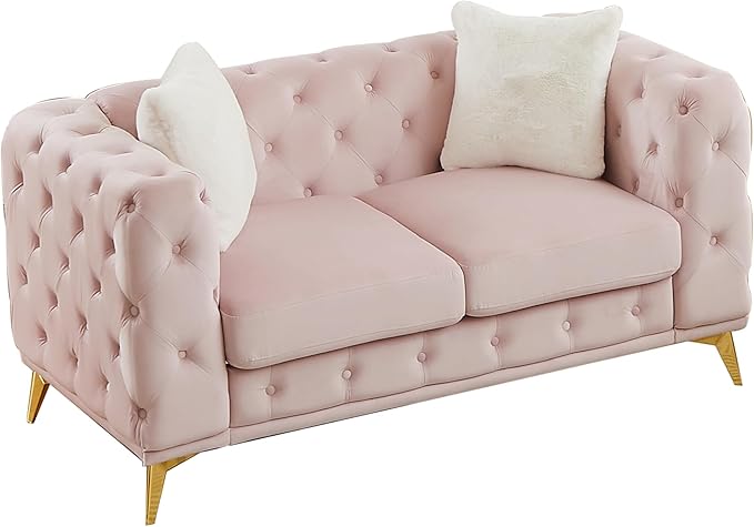 61.25'' Velvet Chesterfield Sofa Button Tufted Upholstered Love Seat Sofa Couch with 2 Pillows Golden Metal Feets Removable Thick Cushions Small Loveseat Couches for Living Room Apartment Pink