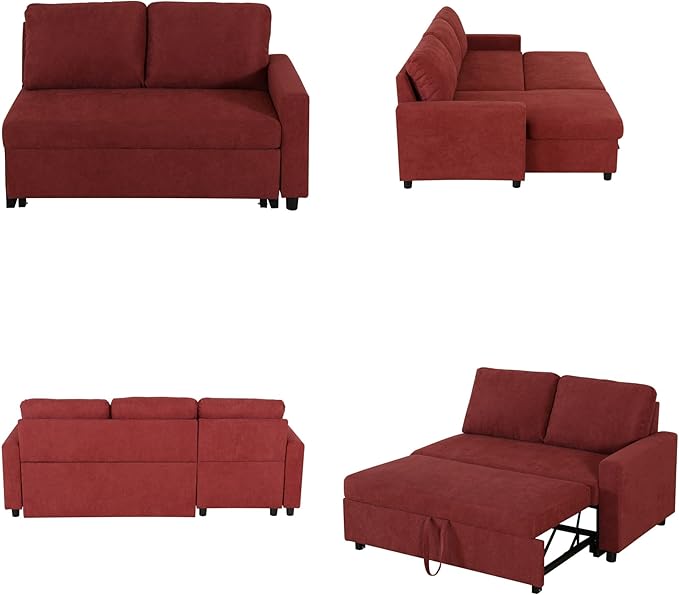Convertible Sofa Bed Couch 2 Seat Solid Wood Sectional Couches for Living Room with Storage Sleeper Sofa Couch with Pullout Bed for Apartment Red