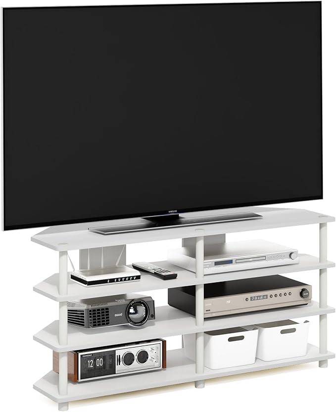 Furinno ECON TV Stand 4-Tier Corner Entertainment Center TV Console for TV up to 55 Inch Easy Assembly for Living Room Bedroom White