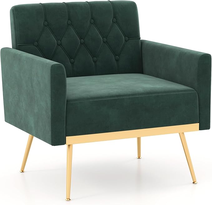 Giantex Modern Velvet Accent Chair - Mid-Century Upholstered Single Sofa Chair w/Button Tufted Back Golden Metal Legs Adjustable Foot Pads Comfy Living Room Armchair for Bedroom Dark Green