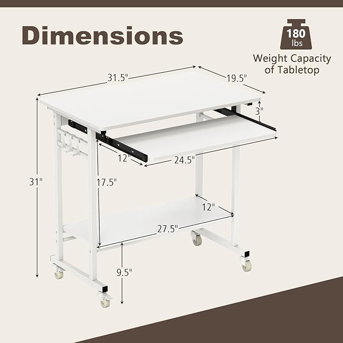 Tangkula Rolling Computer Desk Cart with Keyboard Tray Mobile Portable Laptop PC Desk with CPU Stand &amp 3 Hooks for Sofa &amp Bed Compact Small Desk on Wheels for Small Spaces (White)