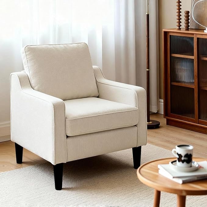 Accent Chair for Living Room Mid-Century Armchairs for Small Spaces Chenille Upholstered Comfy Reading Armchair with Studded for Bedroom (White-A)