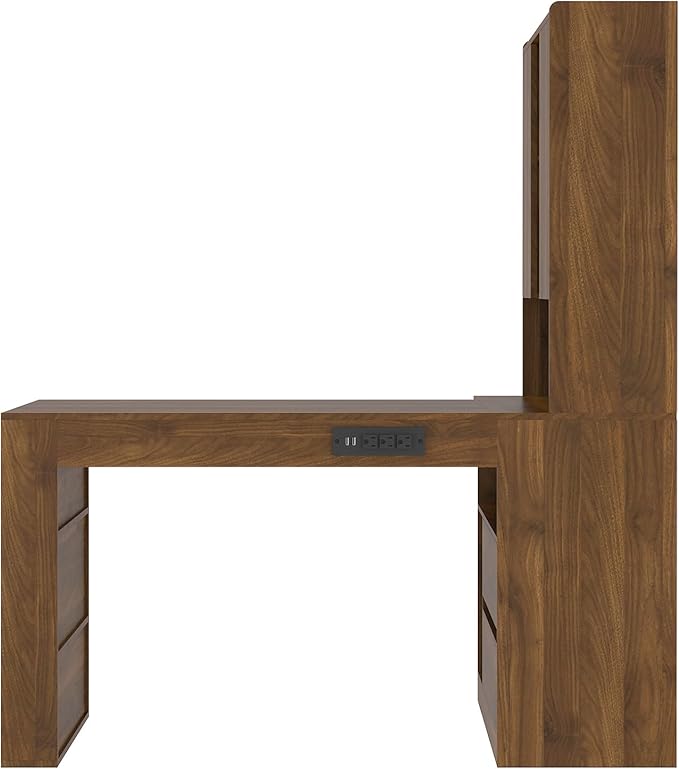 L-Shaped Home Office Desk with Hutch &amp Drawers Modern Corner Desk with LED Light &amp Bookshelf Wood Study Writing Table Gaming Computer Desk for Bedroom Home Wood
