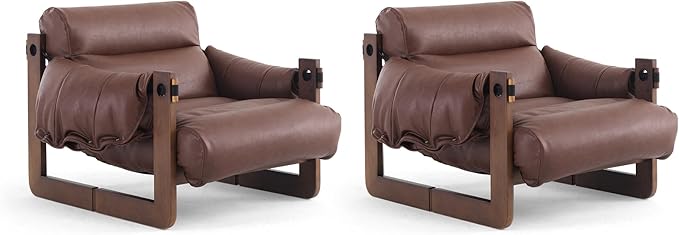 Vintage Solid Wood Frame Lounge Chair with Resilient Silk-Cotton Fill &amp Ergonomic Support for Living Spaces (Brown Two Chairs)