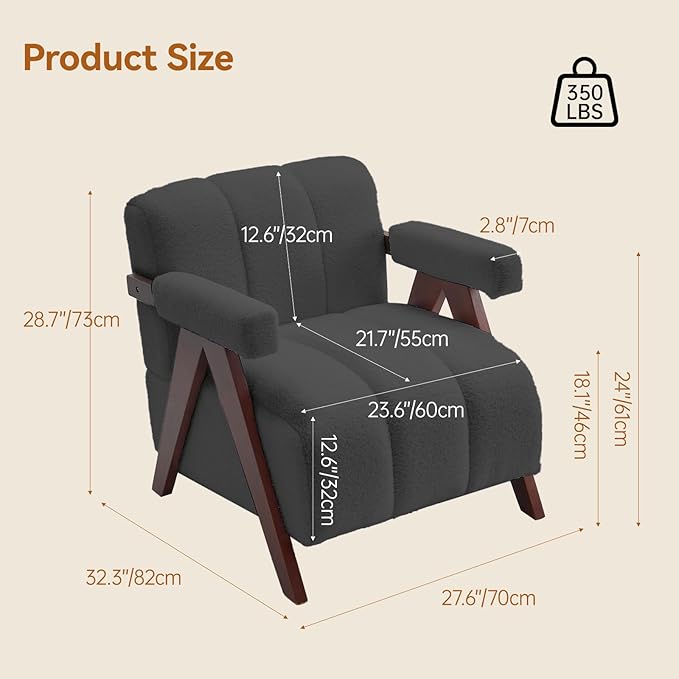 Accent Chair Mid-Century Modern with Wide Backrest for Bedroom Upholstered Living Room Chair with Wooden Lounge Armchair with Thick Cushion Cute Teddy Comfy Chair Dark Grey