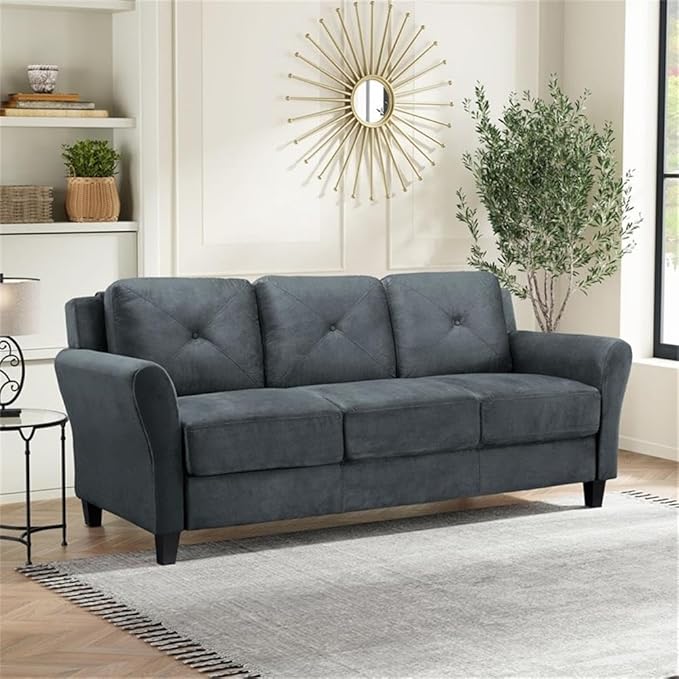 BOWERY HILL Transitional Set of 2 Solid Hardwood Frame Dark Gray Microfiber Upholstered Stationary Sofa &amp Loveseat with Tufted Back Cushions
