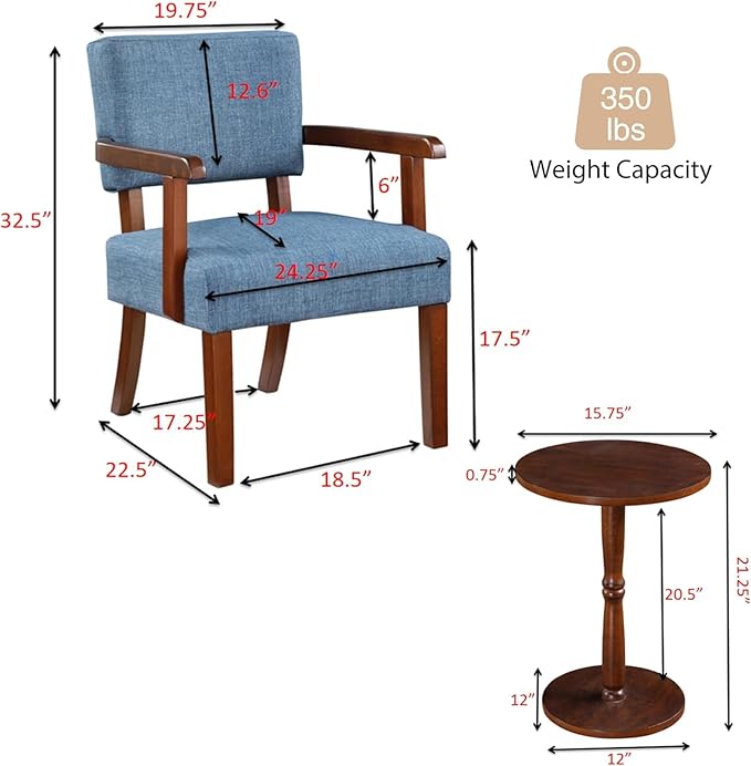 HMFULE 24.25'' Mid Century Accent Chair Set of 2 with Round Wood Table Modern Fabric Arm Chair for Living Room Bedroom Reading Room(Blue)