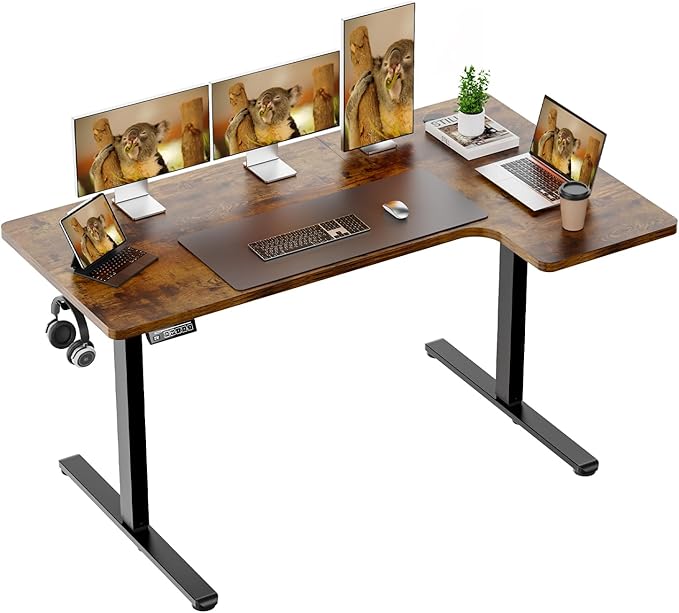 Standing Desk L Shaped Electric Height Adjustable Desk 55 x 33.5 Inches Sit Stand up Desk Computer Home Office Desk Memory Preset with Two-Piece Fir Wood Desktop (Vintage Brown)