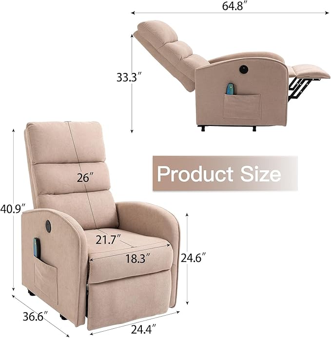 AVAWING Power Lift Chair with Heat and Massage for Elderly Fabric Electric Recliner Chair with Remote Control Side Pocket and USB Port for Living Room &amp Bedroom Khaki