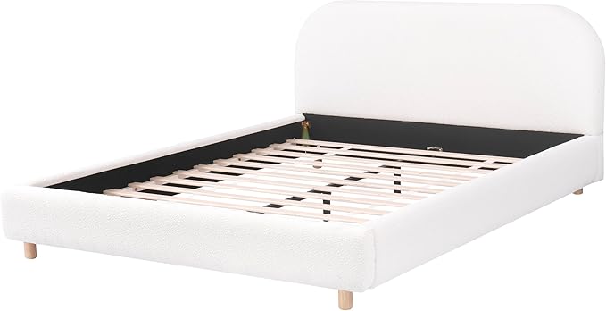 Merax Queen Size Teddy Fleece Thick Fabric Upholstered Platform Bed with Curved Shaped Headboard Wood Bed Frame with Solid Round Legs for Kids Teens Adults White