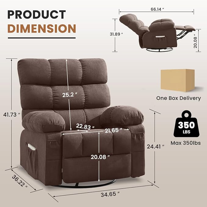 Swivel Rocker Recliner Chair for Adults 360° Upholstered Manual Recliners for Small Spaces Single Seat Glider Reclining Chair with Side Pockets Ergonomic Reading Chair for Living Room RV Bedroom
