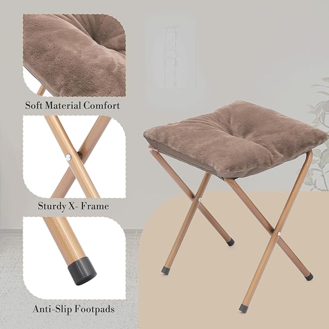 Athena Collection Round Saucer Chair with Ottoman Set for Adults Oversize Comfy Cozy Faux Fur Folding Reading Chair with Metal Leg Lazy Relaxing for Living Room Bedroom Dorm Apartment Beige