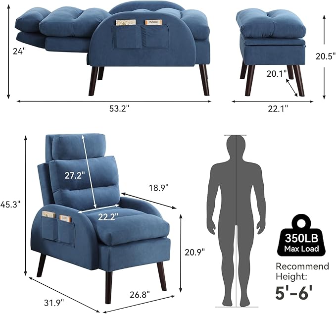 Accent Chair with Ottoman Velvet Comfy Reading Chair and Ottoman Set Modern Oversized Velvet Lounge Sleeper Armchair with Adjustable Backrest for Living Room Bedroom Blue