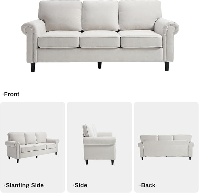 Kingfun 3 Seater Couch Mid Century Modern Sofa with Rolled Arms and Deep Seats Fluffy Comfort for Living Room Apartment Easy Assembly Beige