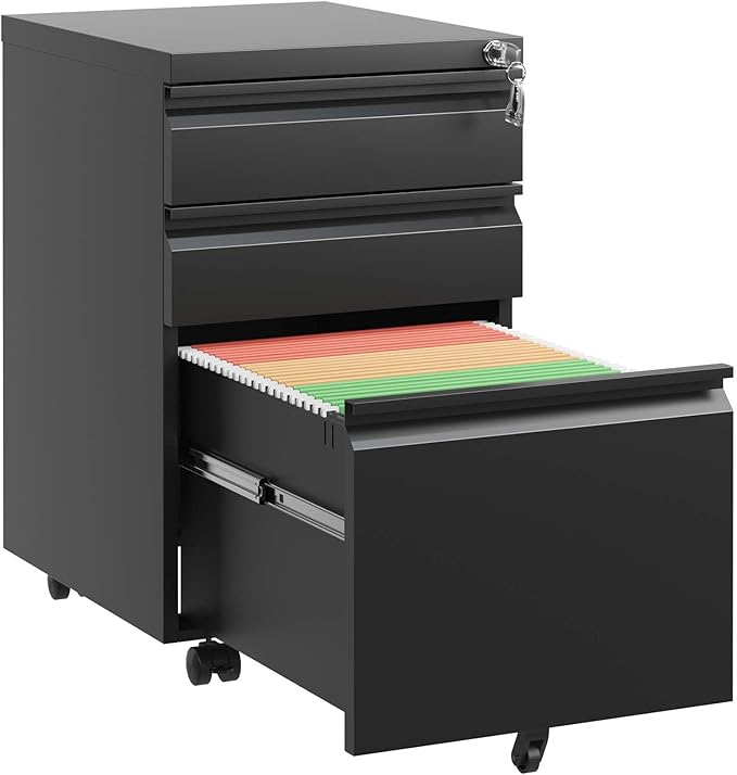 Black 3 Drawer Mobile File Cabinet with Lock Under Desk Storage Metal Filing Cabinets for Home Office Organizer Letters/Legal/A4 Fully Assembled (Black)