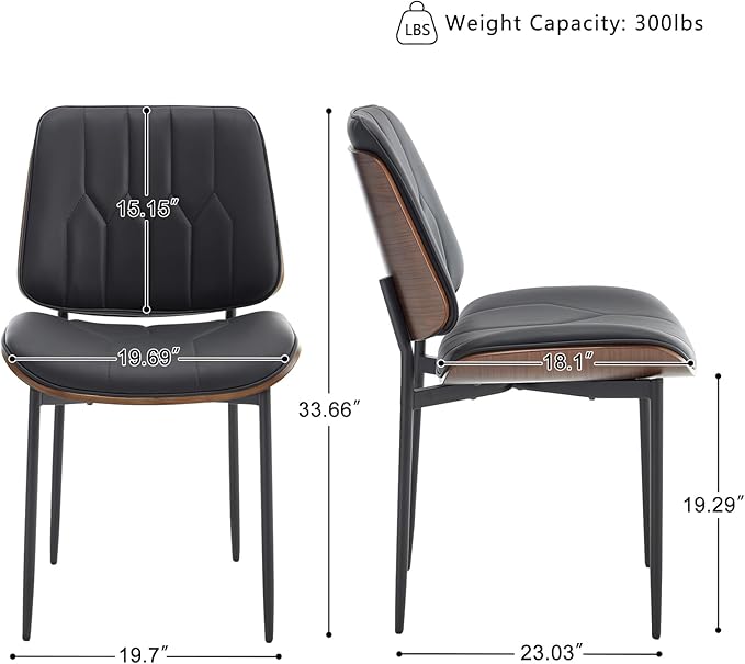 BV Mid Century Modern Dining Chairs Set of 4 Upholstered Pu Leather Armless Accent Chair with Walnut Bentwood Back Retro Kitchen Chair for Dining Room Living Room Kitchen Black