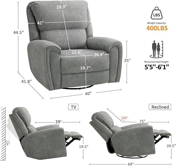 MCombo Power Swivel Rocker Recliner Chair Oversized Power Recliner Chair for Big and Tall People 400lbs Heavy Duty Recliners USB Charge Ports for Living Room Office Fabric OE678 (Light Grey)