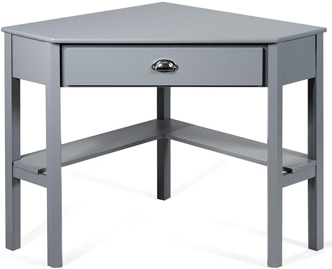 Corner Desk Compact Home Office Corner Desk Organizer90 Degrees Triangle Computer Laptop Writing Table for Small Spaces with Storage Shelf and Drawer (Gray)