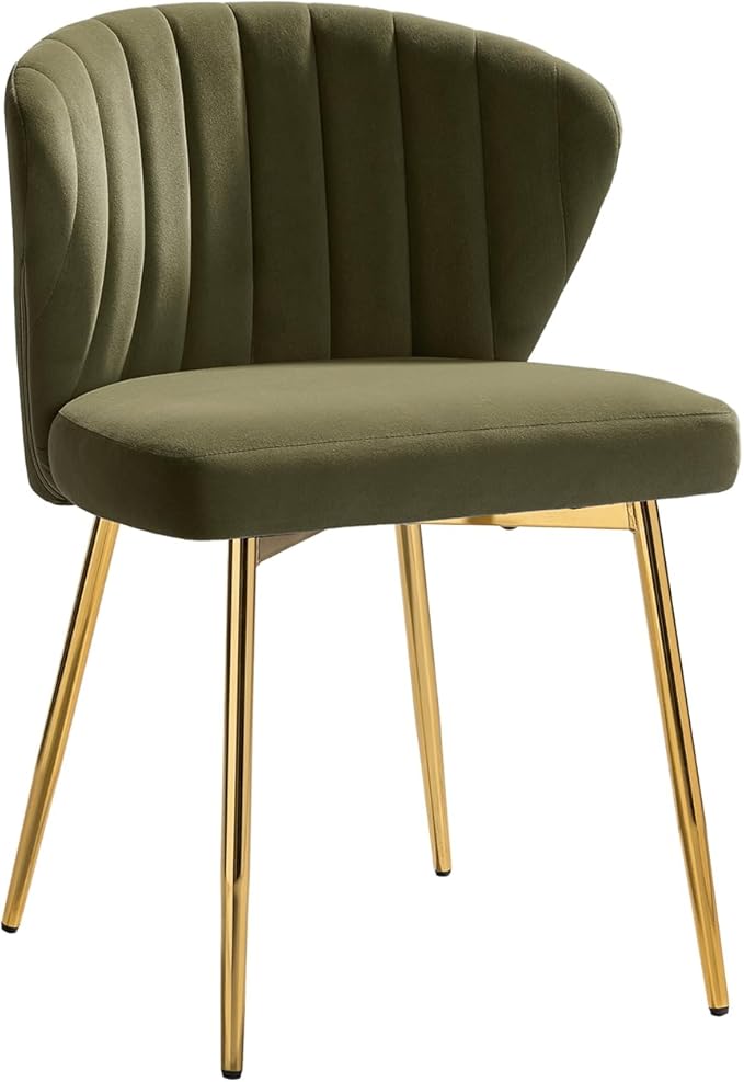 HULALA HOME Velvet Dining Chairs Modern Small Armless Accent Chair with Gold Metal Legs Living Room Upholstered Cute Side Chair Elegant Tufted Back Vanity Chair for Bedroom Moss