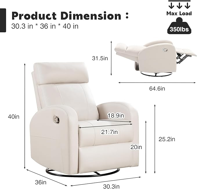 Swivel Rocker Recliner Chair Manual Faux Leather Recliner Glider Rocking Recliners 360°Swivel Nursery Reclining Chairs with Adjustable Headrest Highback for Living Room Cream