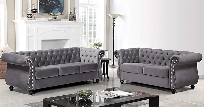 Feinstein Modern Velvet Chesterfield Couches for Living Room with Nailheads Diamond Tufting &amp Durable Metal Frame Loveseat Gray