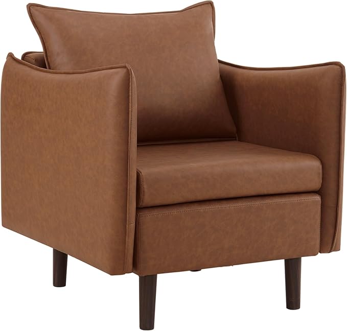 MOJAY PU Leather Accent Chairs Mid-Century Modern Upholstered Armchair Club Sofa Chair with Sturdy Legs for Living Room Bedroom Reception (Brown)