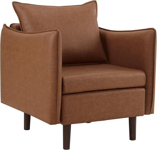 MOJAY PU Leather Accent Chairs Mid-Century Modern Upholstered Armchair Club Sofa Chair with Sturdy Legs for Living Room Bedroom Reception (Brown)