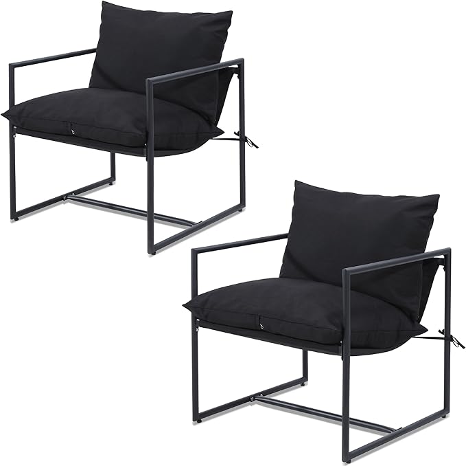Kromax Sling Accent Chair Set of 2 Cozy Living Room Chairs Square Metal Frame Upholstered Soft Cushion Sponge 28 x28“x32 Easy Assembly Black